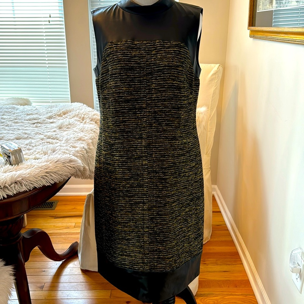 Faux leather and tweed combine in a stunning shift dress - day to nite style!